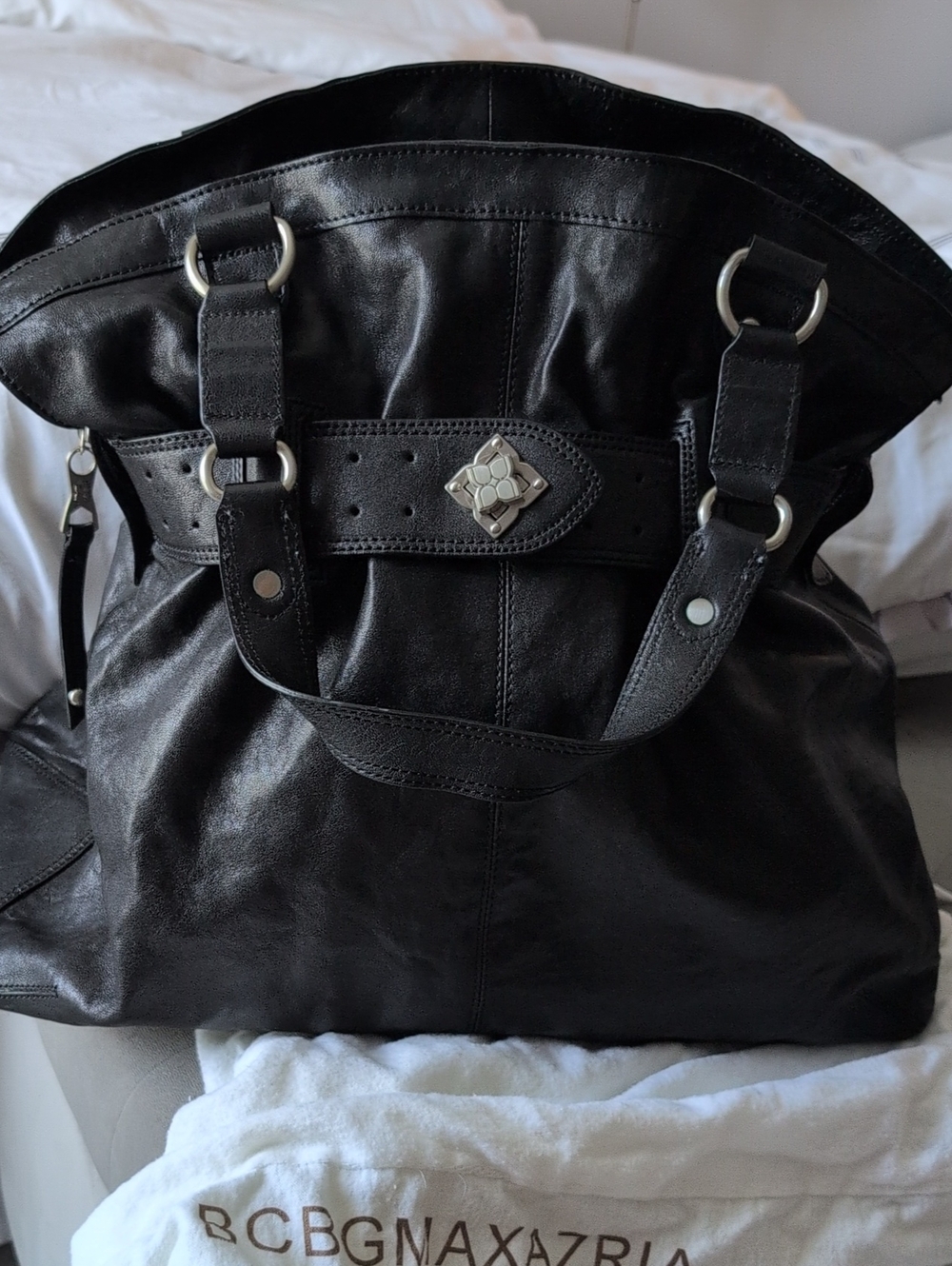 BCBGMaxAzria Black Leather Satchel with Decorative Silver Accent